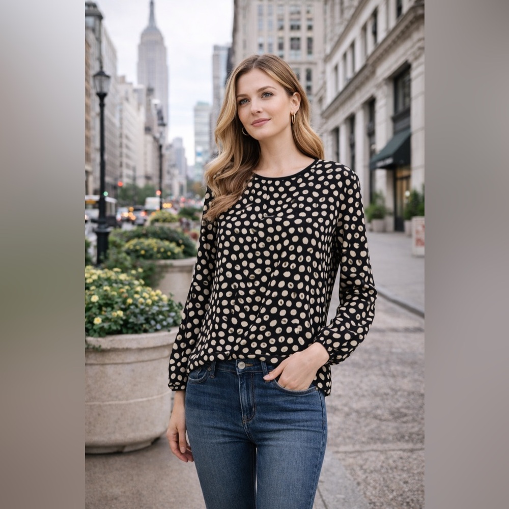 J.Crew Black & Ivory Print Tie-Back Long Sleeve Blouse Size 00